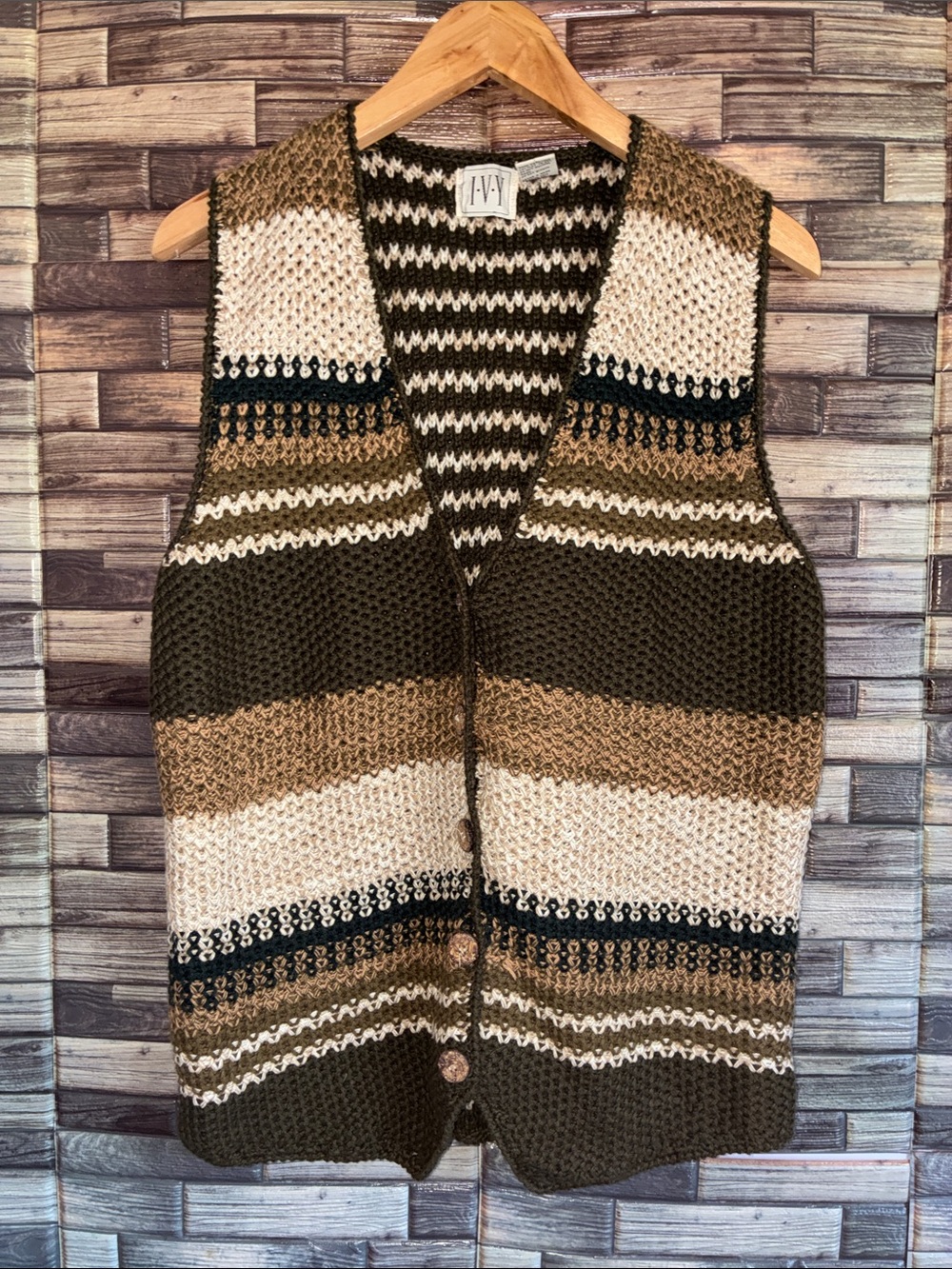 Vintage IVY Medium Striped Knit Button-Front Vest in Olive, Cream & Tan